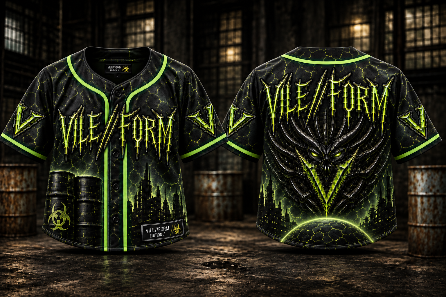 Front and back preview of the black and toxic green VILE//FORM cropped rave jersey with Edition slash hem tag