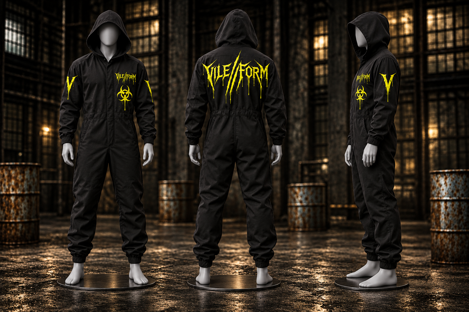 Front, back and side views of the black VILE//FORM hooded jumpsuit on display mannequins in a warehouse, with yellow chest logo and biohazard symbol, upper-back logo, and V sleeve graphic