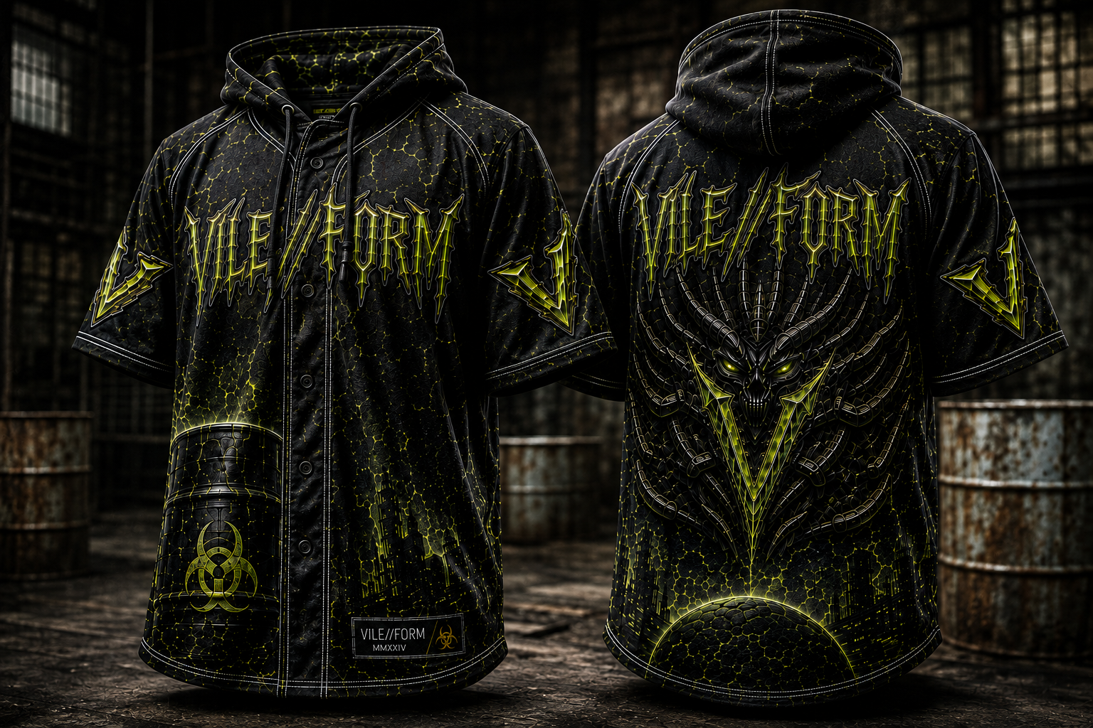 Front and back preview of the black and toxic green VILE//FORM hooded rave jersey