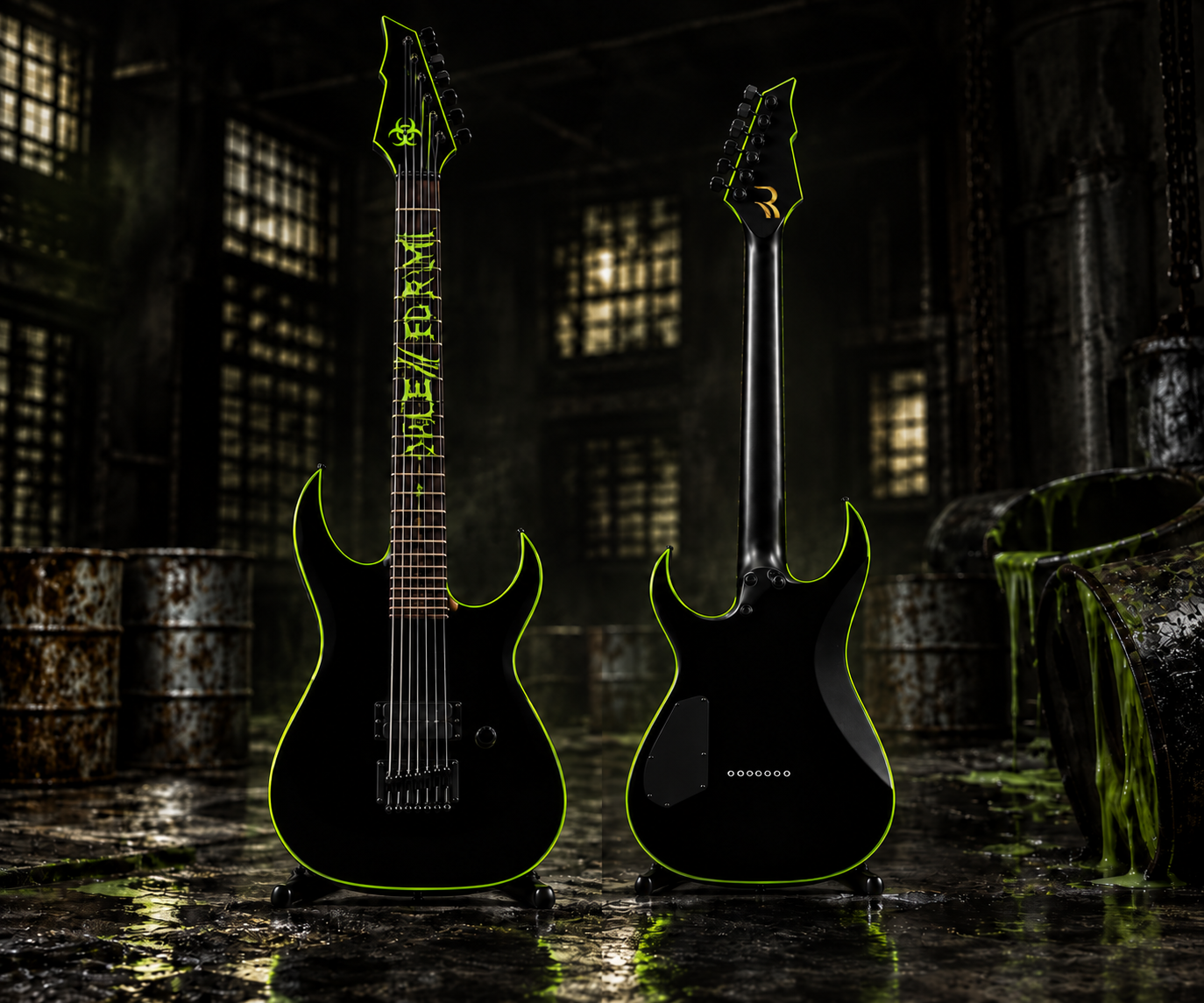 Front and back preview of the black VILE//FORM seven-string guitar with Ronny Wang's gold symbol inlaid on the rear headstock