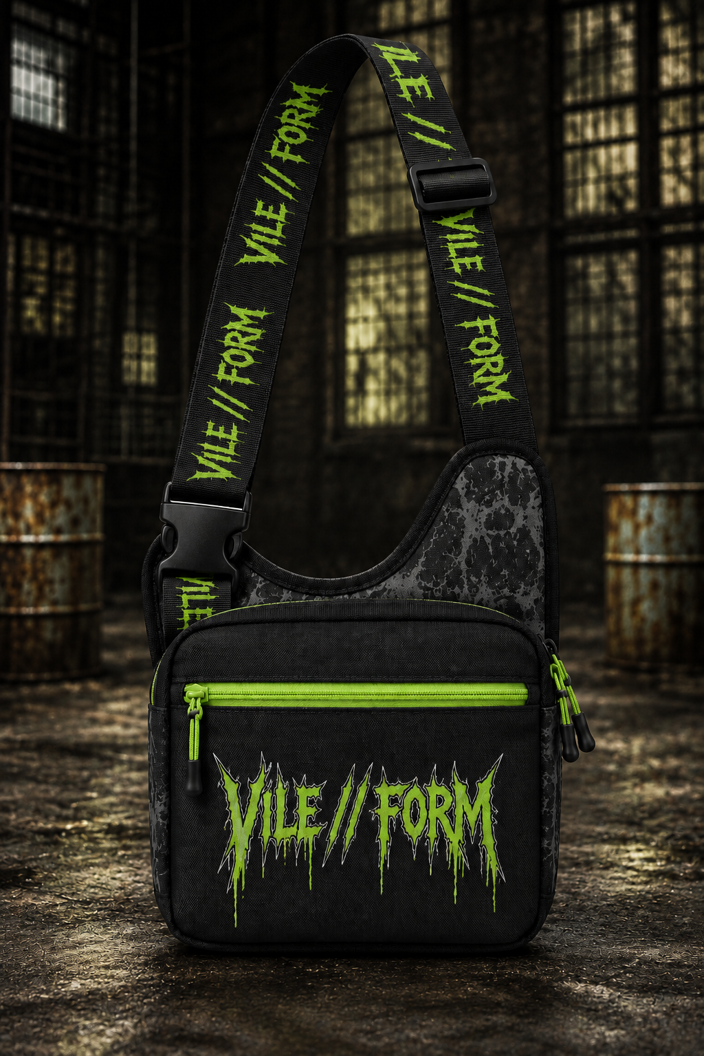 Black VILE//FORM sling bag with acid-green zippers and branded strap
